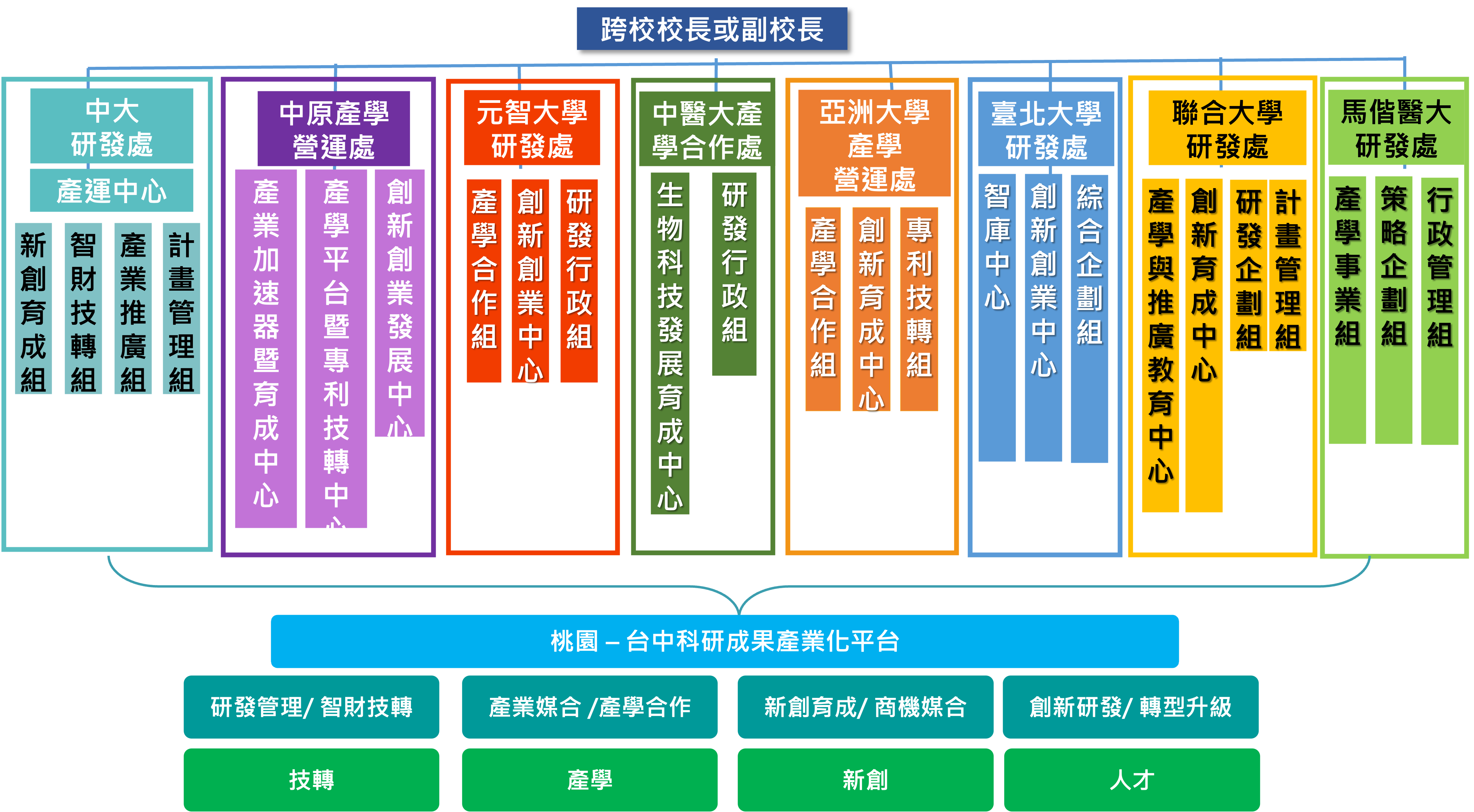 組織架構圖說明如下，由亞洲大學、中原大學、中央大學、元智大學、中國醫藥大學、台北大學共同組織，配合桃園-台中科研成果產業化平台提供多項服務。